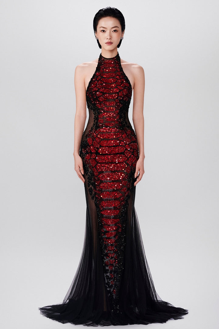Halter Neckline with Micro-Beaded Tulle Dress