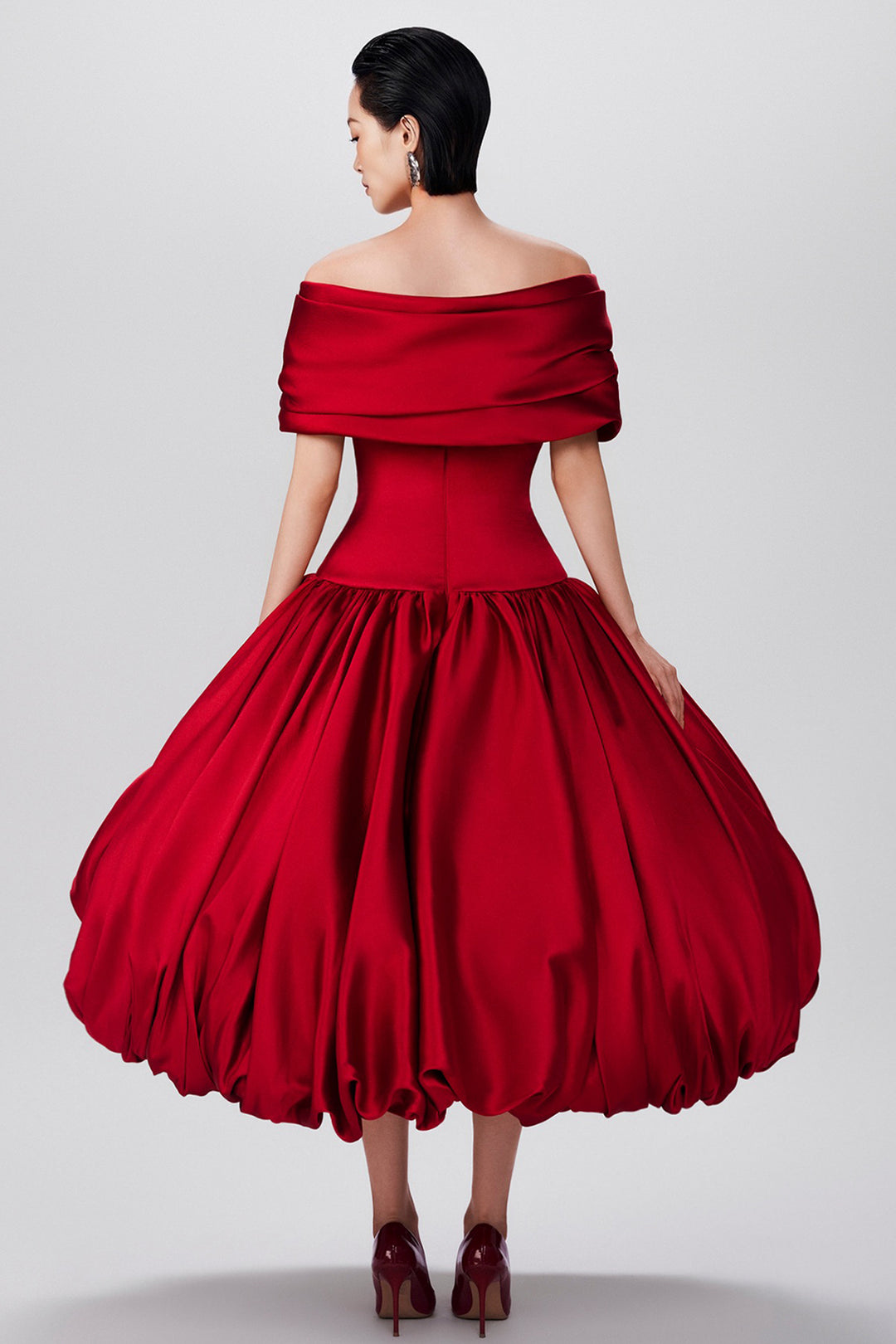 Off-the-Shoulder Draped Silk with Satin A-Line Dress