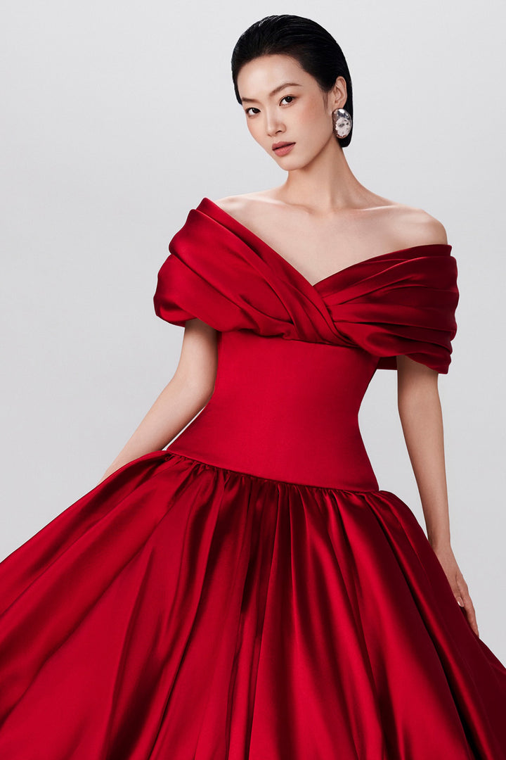 Off-the-Shoulder Draped Silk with Satin A-Line Dress