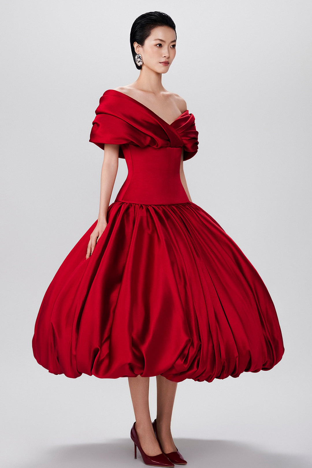 Off-the-Shoulder Draped Silk with Satin A-Line Dress