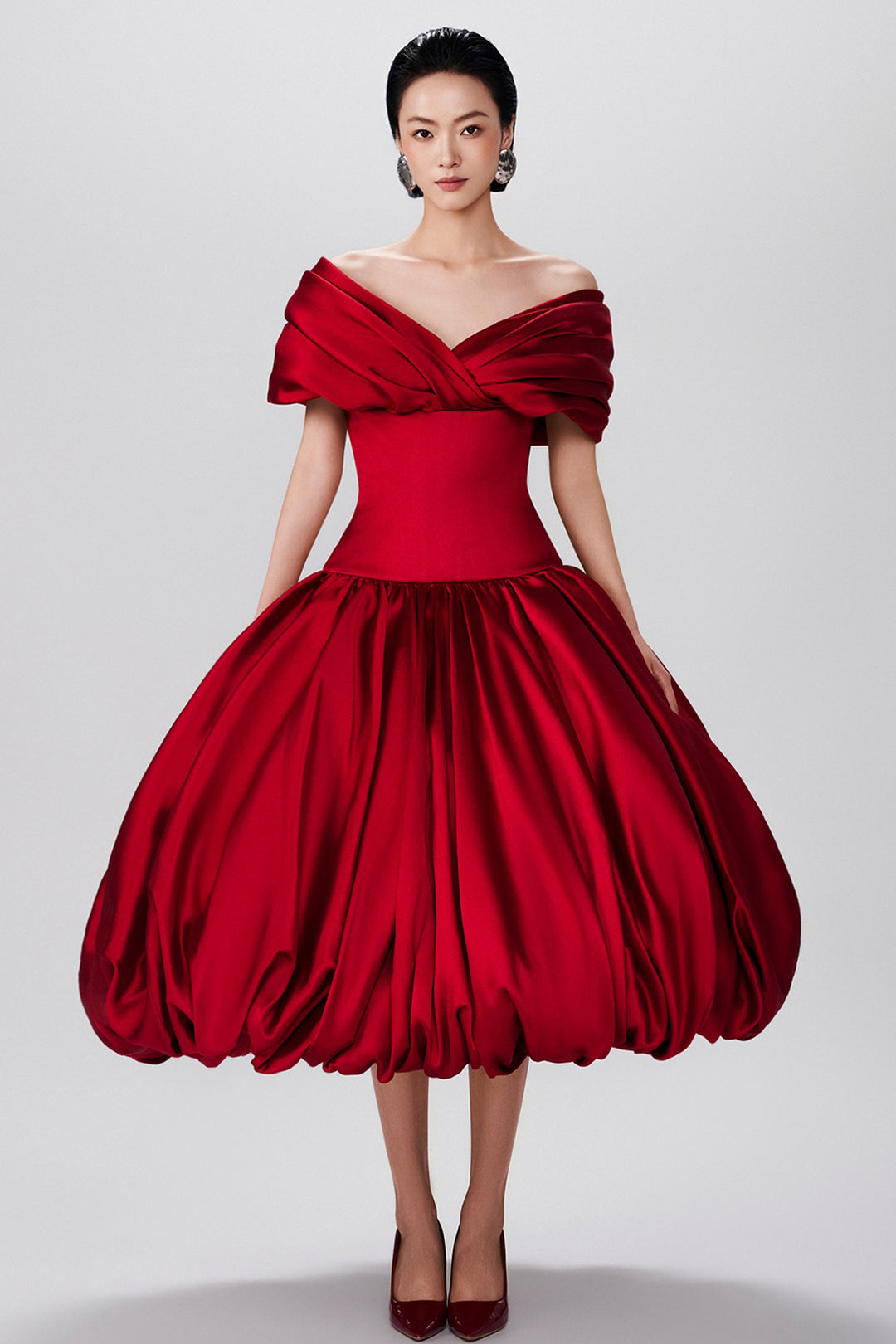 Off-the-Shoulder Draped Silk with Satin A-Line Dress