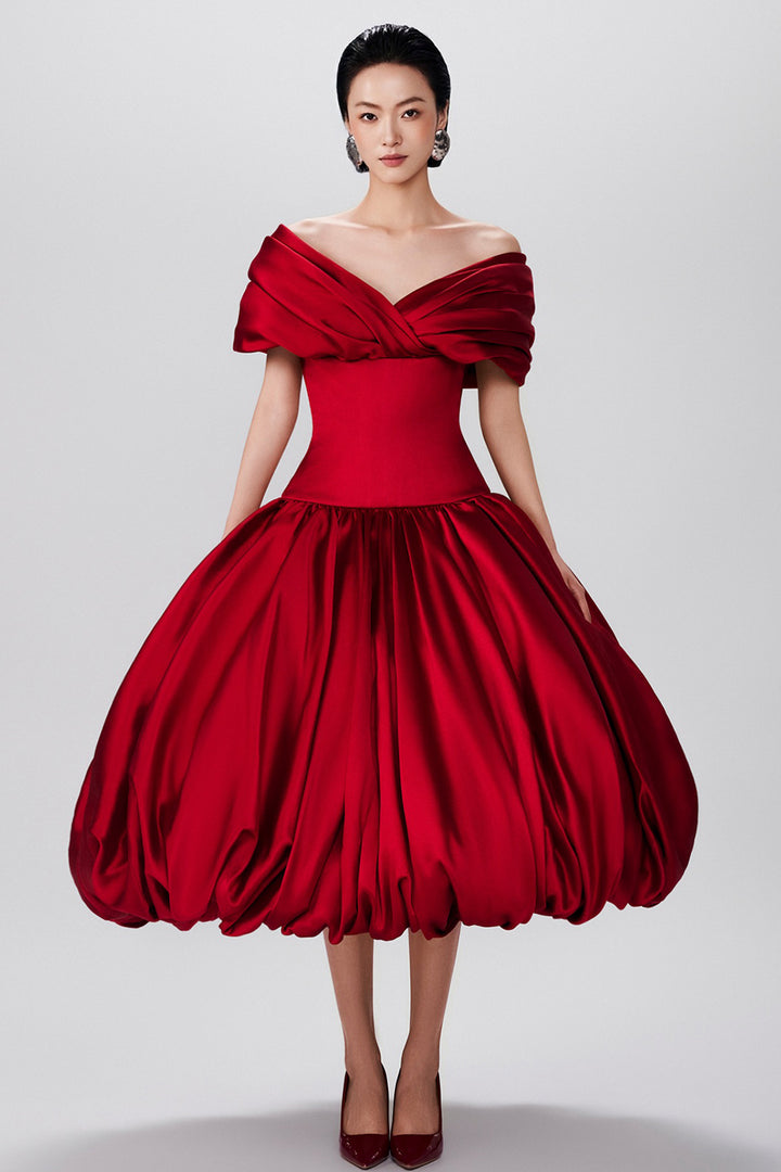 Off-the-Shoulder Draped Silk with Satin A-Line Dress