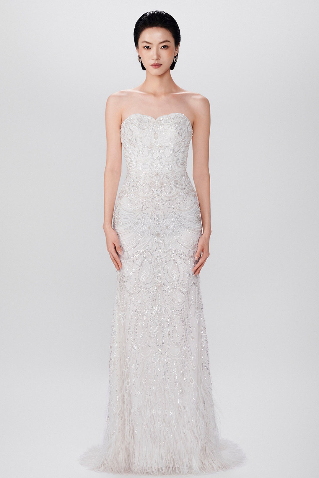 Strapless Hand-Embellished Feather Hem Dress