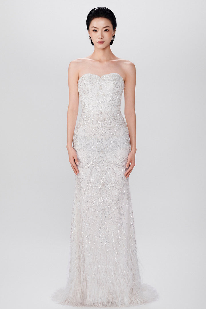 Strapless Hand-Embellished Feather Hem Dress