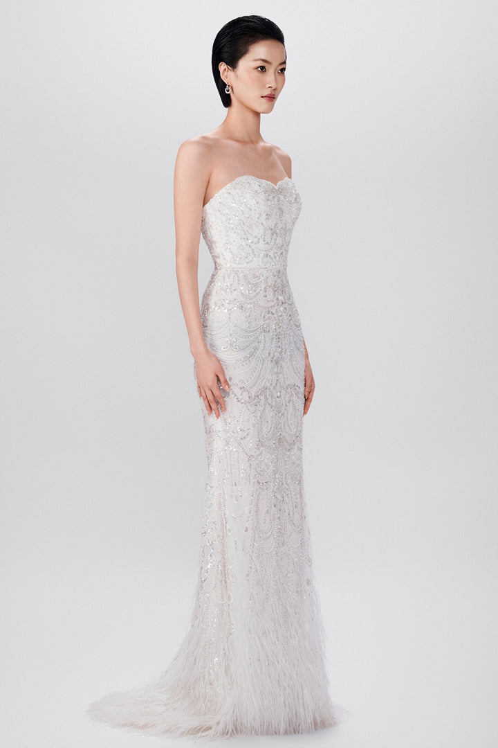 Strapless Hand-Embellished Feather Hem Dress
