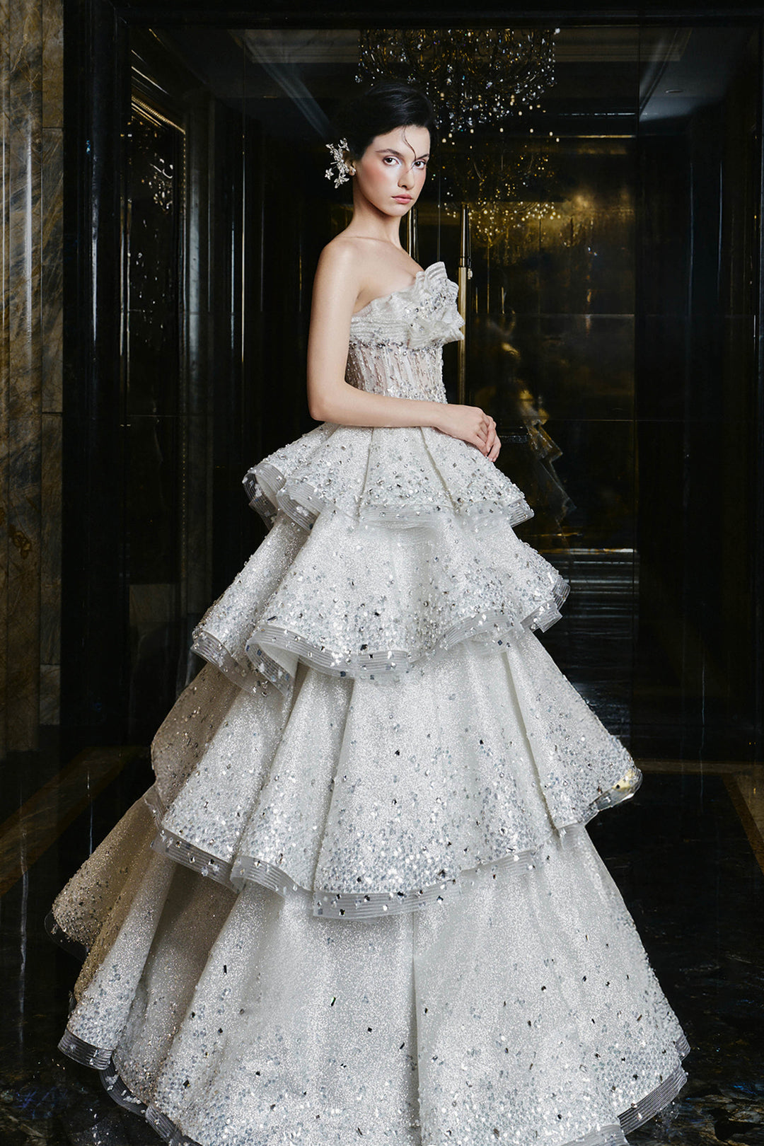 A-Line Long Dress with Beaded Strapless Bodice Silver / FR 42