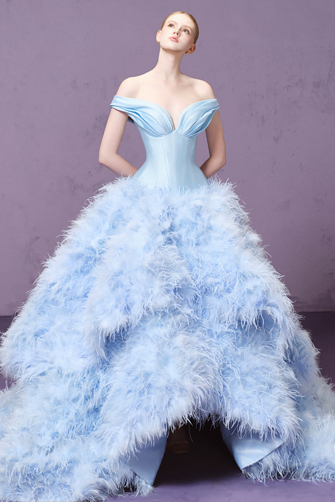 Off-The-Shoulder with Feathered Taffeta Dress