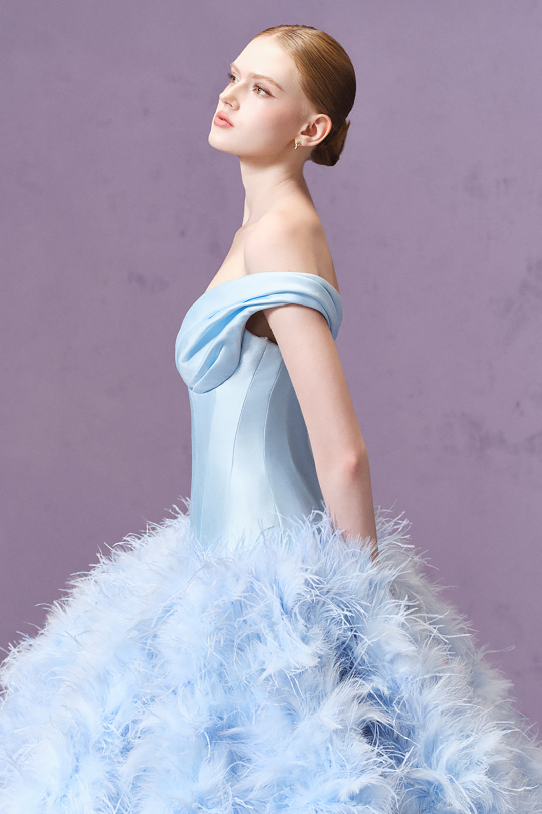 Off-The-Shoulder with Feathered Taffeta Dress
