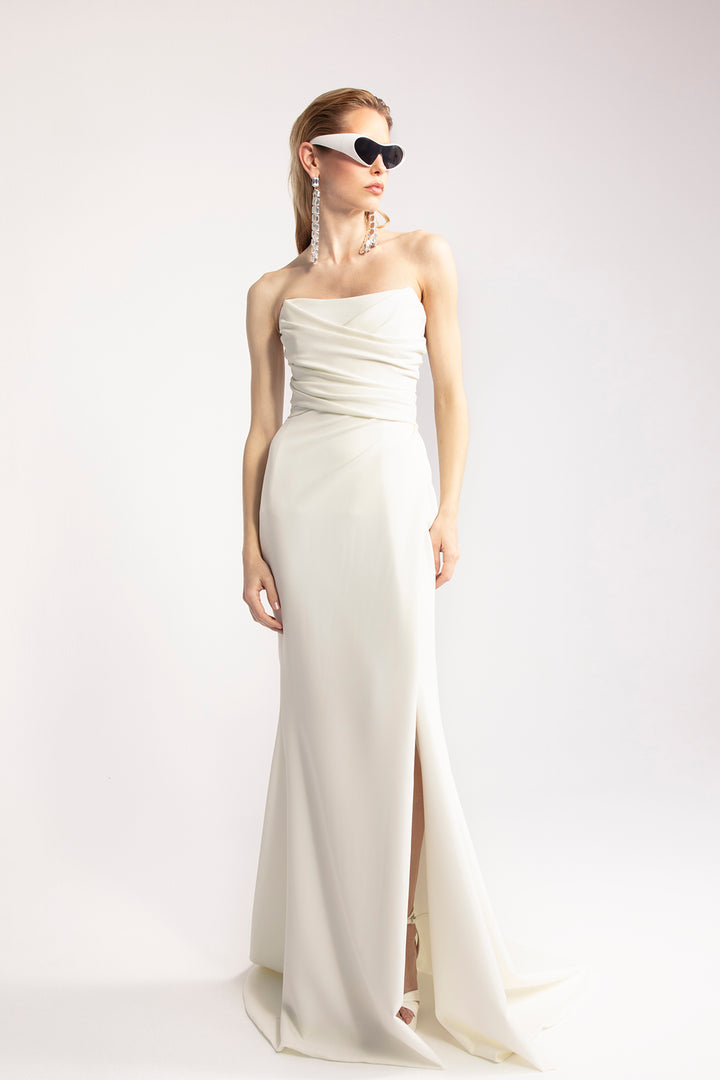 Mermaid Silhouette Wedding Dress with Draped Bodice, Side Slit, and Long Coat