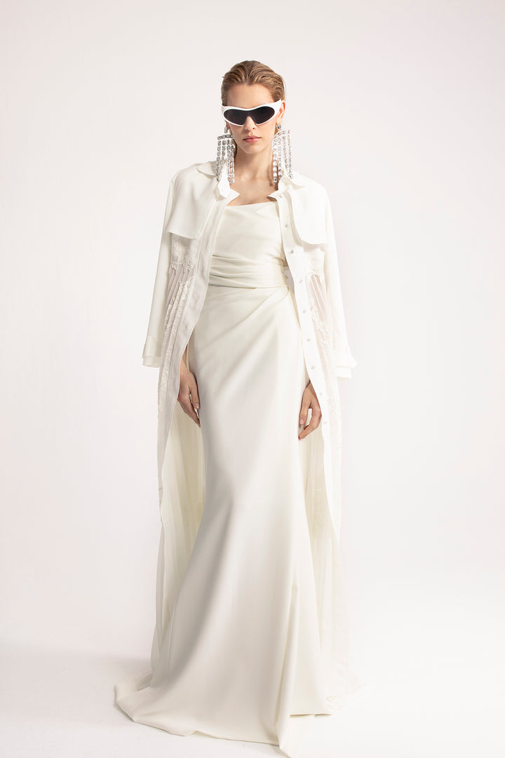 Mermaid Silhouette Wedding Dress with Draped Bodice, Side Slit, and Long Coat