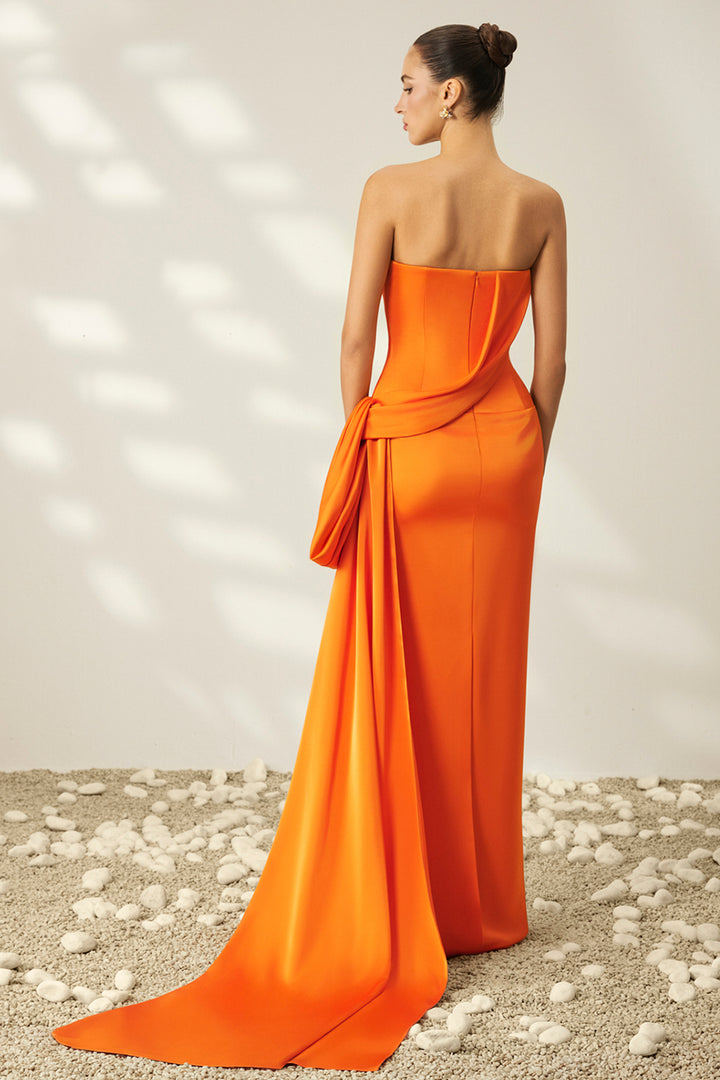 Strapless with Waist-Draped Satin and Column Dress