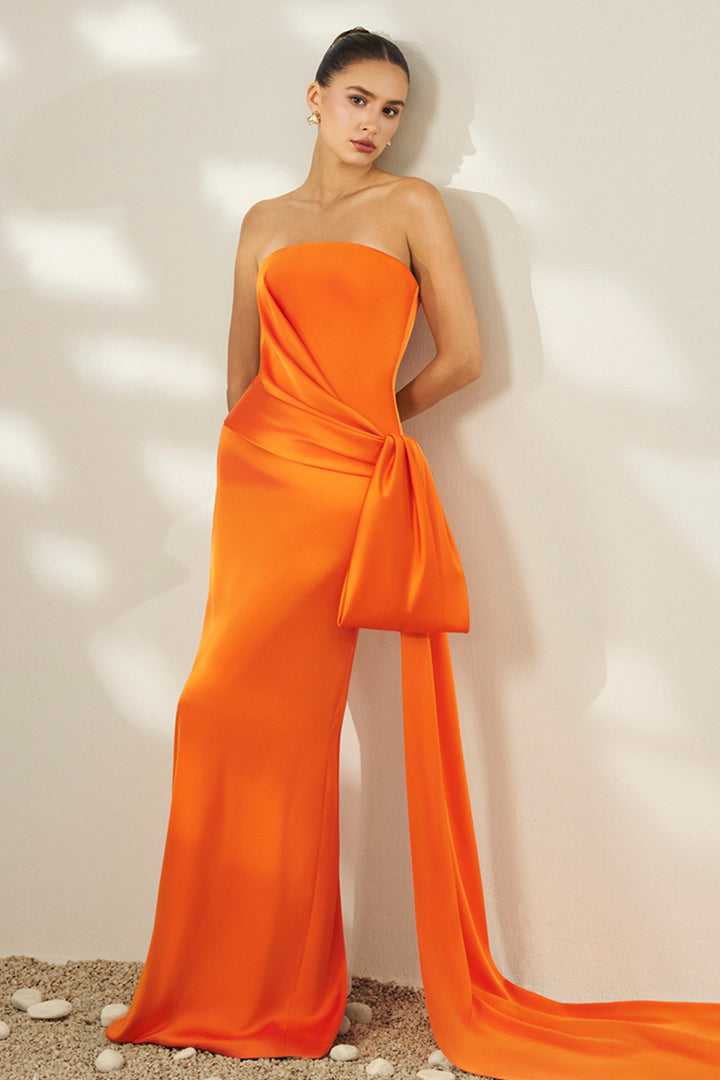 Strapless with Waist-Draped Satin and Column Dress