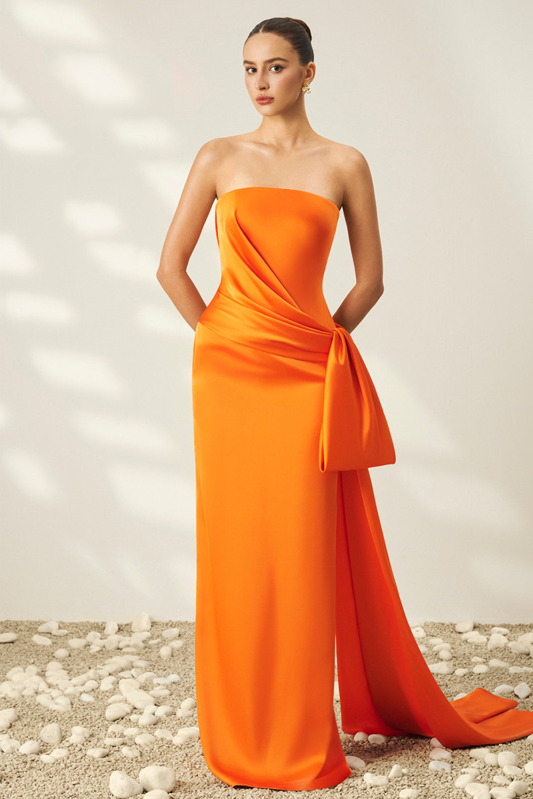 Strapless with Waist-Draped Satin and Column Dress