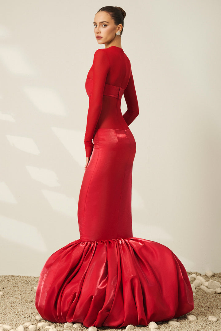 Long-Sleeve Mesh with Taffeta Column Dress