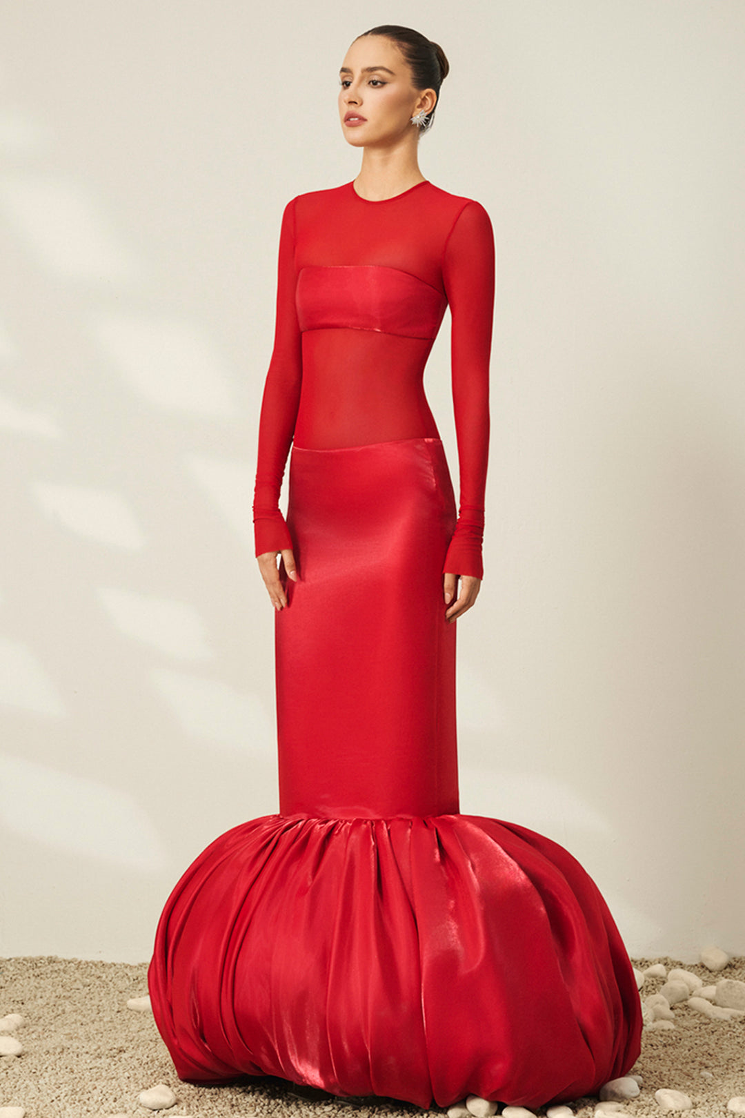 Long-Sleeve Mesh with Taffeta Column Dress