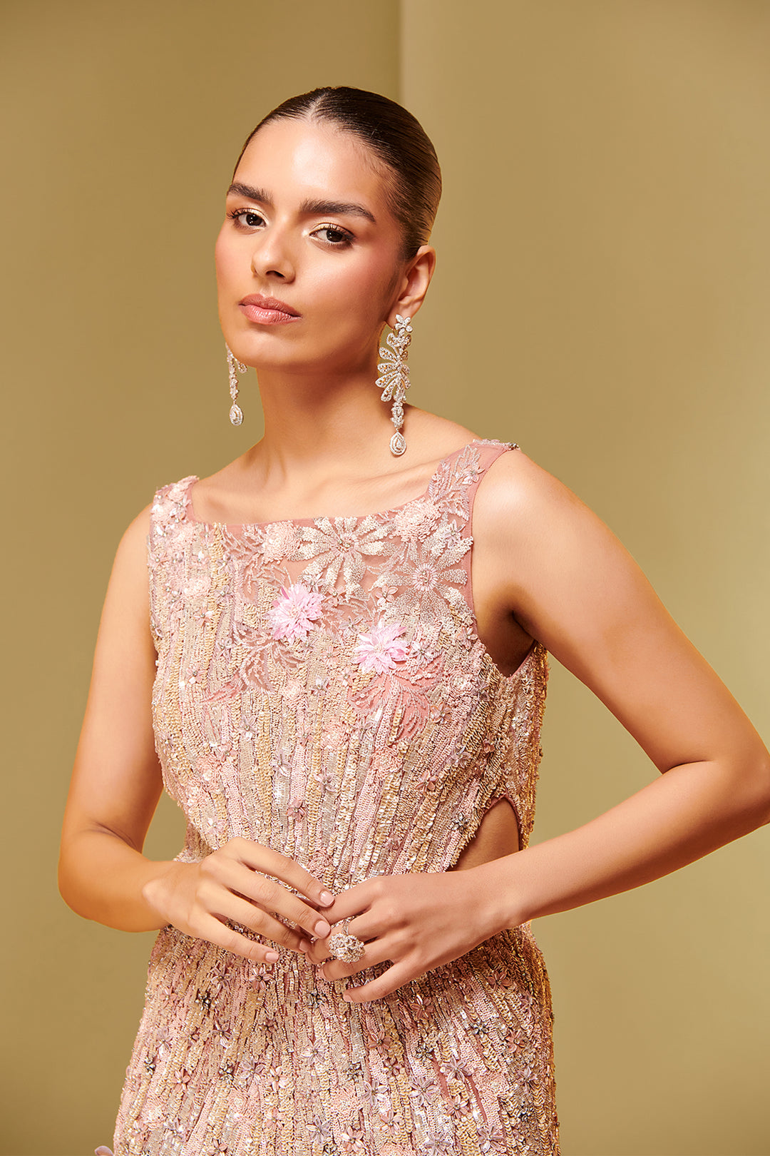 Embroidered Mesh and Crepe Dress