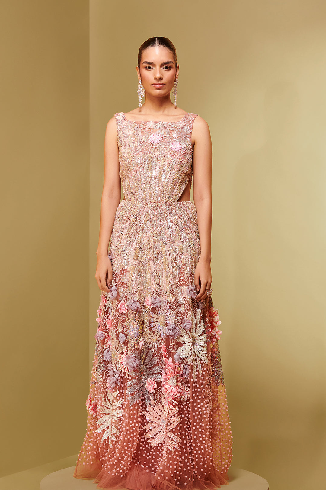 Embroidered Mesh and Crepe Dress Coral / US 22 Embroidered Mesh and Crepe Dress Coral / US 22