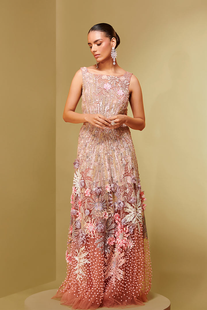 Embroidered Mesh and Crepe Dress