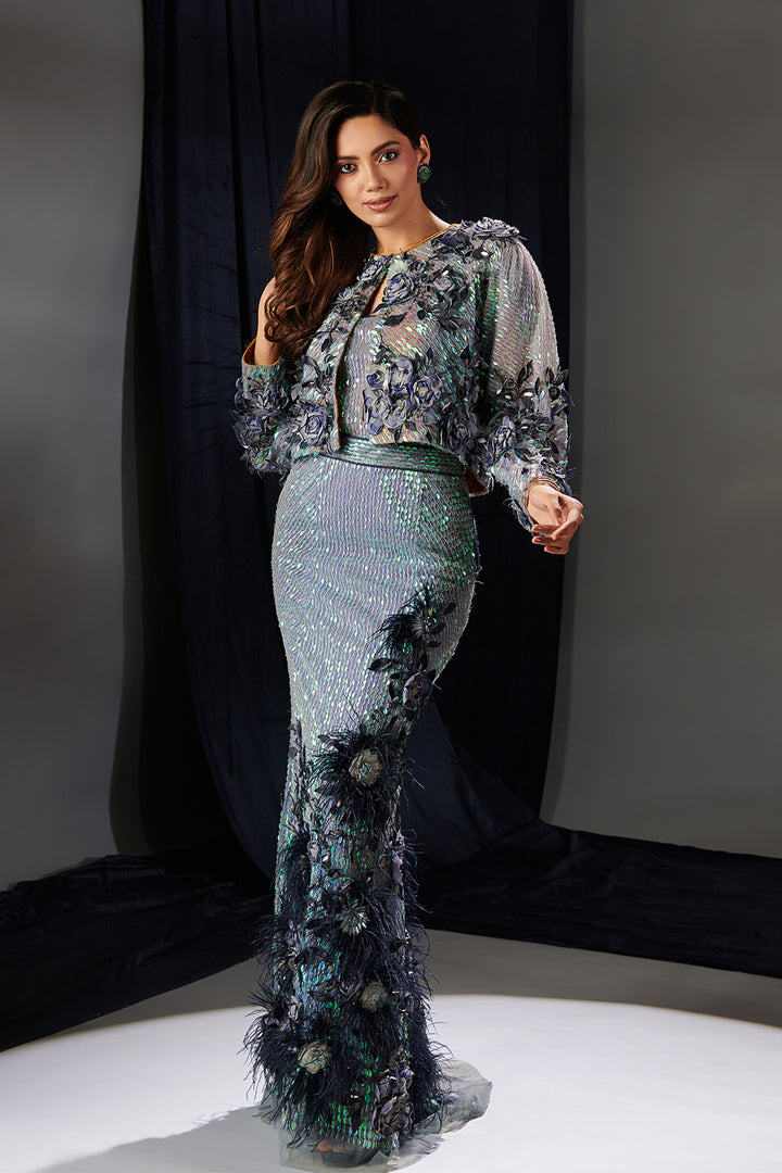 Mesh Dress and Embroidered Skirt Set