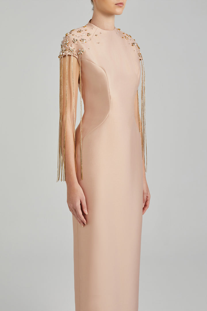 Cape-Sleeve Beaded Dress