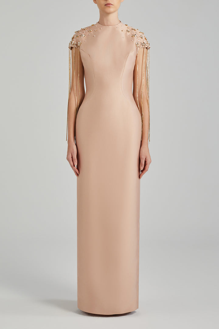 Cape-Sleeve Beaded Dress