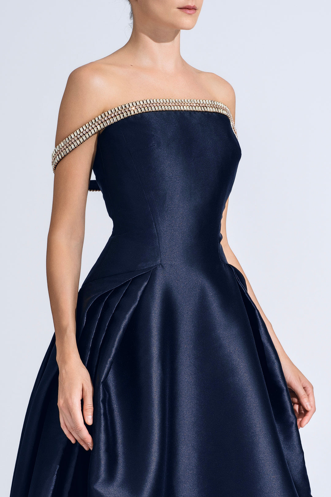 Off-The-Shoulder A-line Dress with Crystal Chains