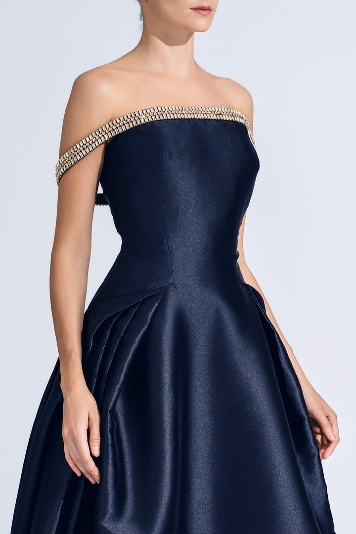 Off-The-Shoulder A-line Dress with Crystal Chains