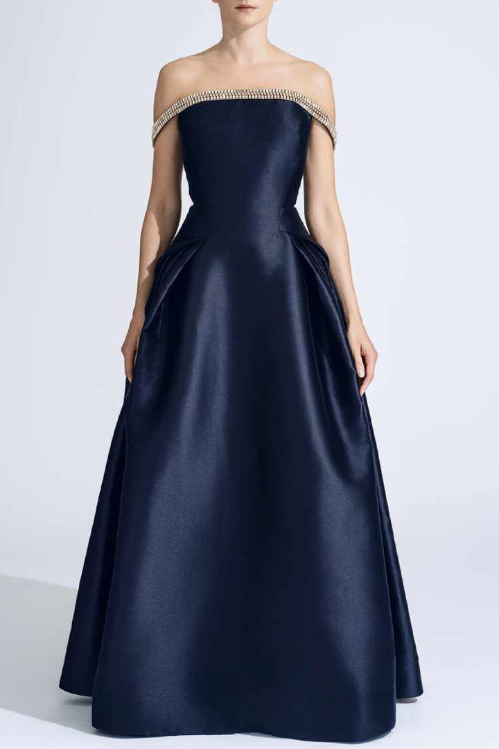 Off-The-Shoulder A-line Dress with Crystal Chains