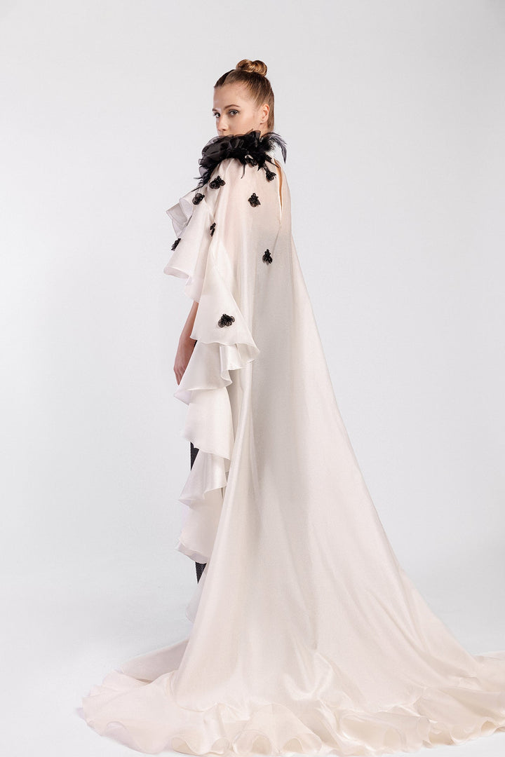 Black and White Fitted Dress, Organza Kaftan, Ruffled Edges, Flowers, Feathers