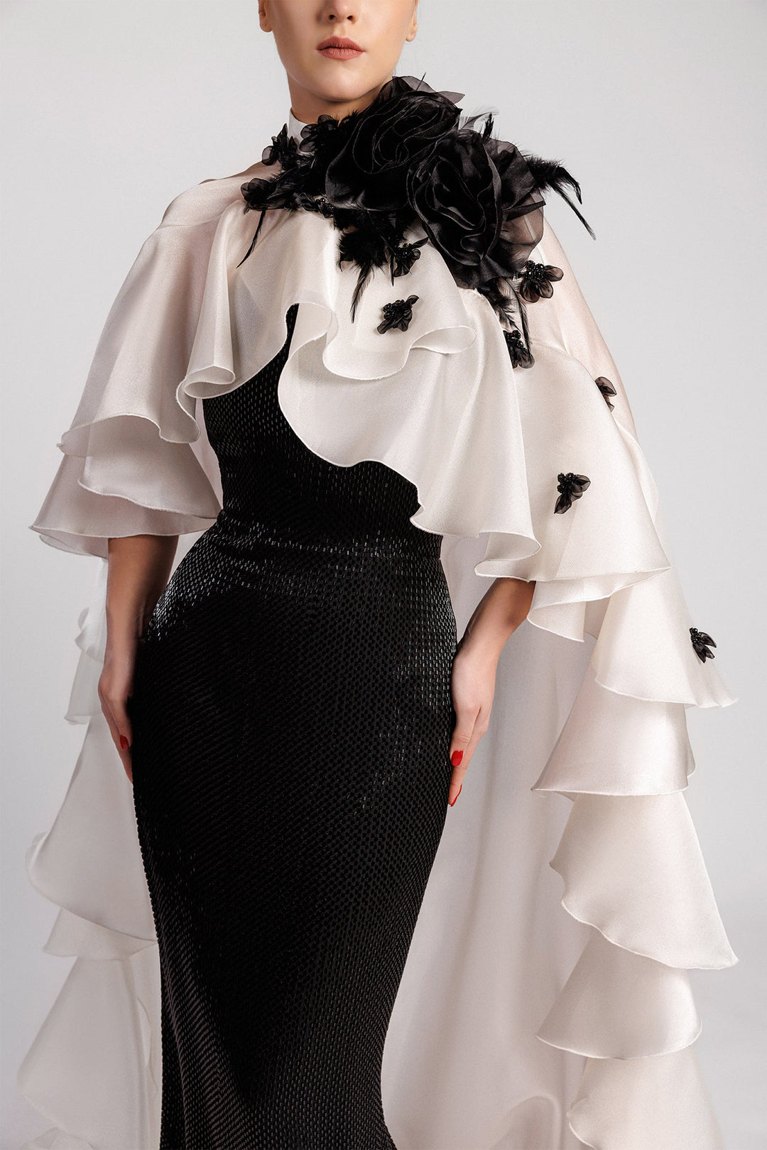 Black and White Fitted Dress, Organza Kaftan, Ruffled Edges, Flowers, Feathers