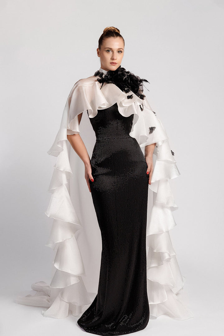 Black and White Fitted Dress, Organza Kaftan, Ruffled Edges, Flowers, Feathers