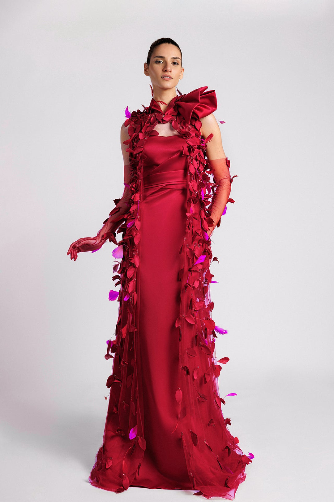 Duchesse Dress, Straight Neckline, Folded Bodice, Laser-Cut Kaftan, Tulle Gloves. Red Wine / FR 32 Duchesse Dress, Straight Neckline, Folded Bodice, Laser-Cut Kaftan, Tulle Gloves. Red Wine / FR 32