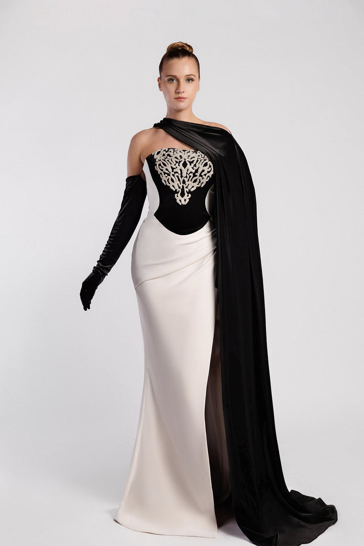 Strapless Mermaid Dress with Crystals, Cape, and Train