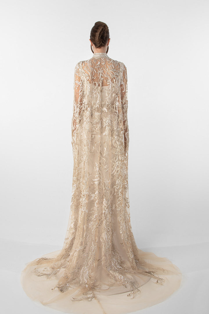 Crepe Dress with Embroidered Cape