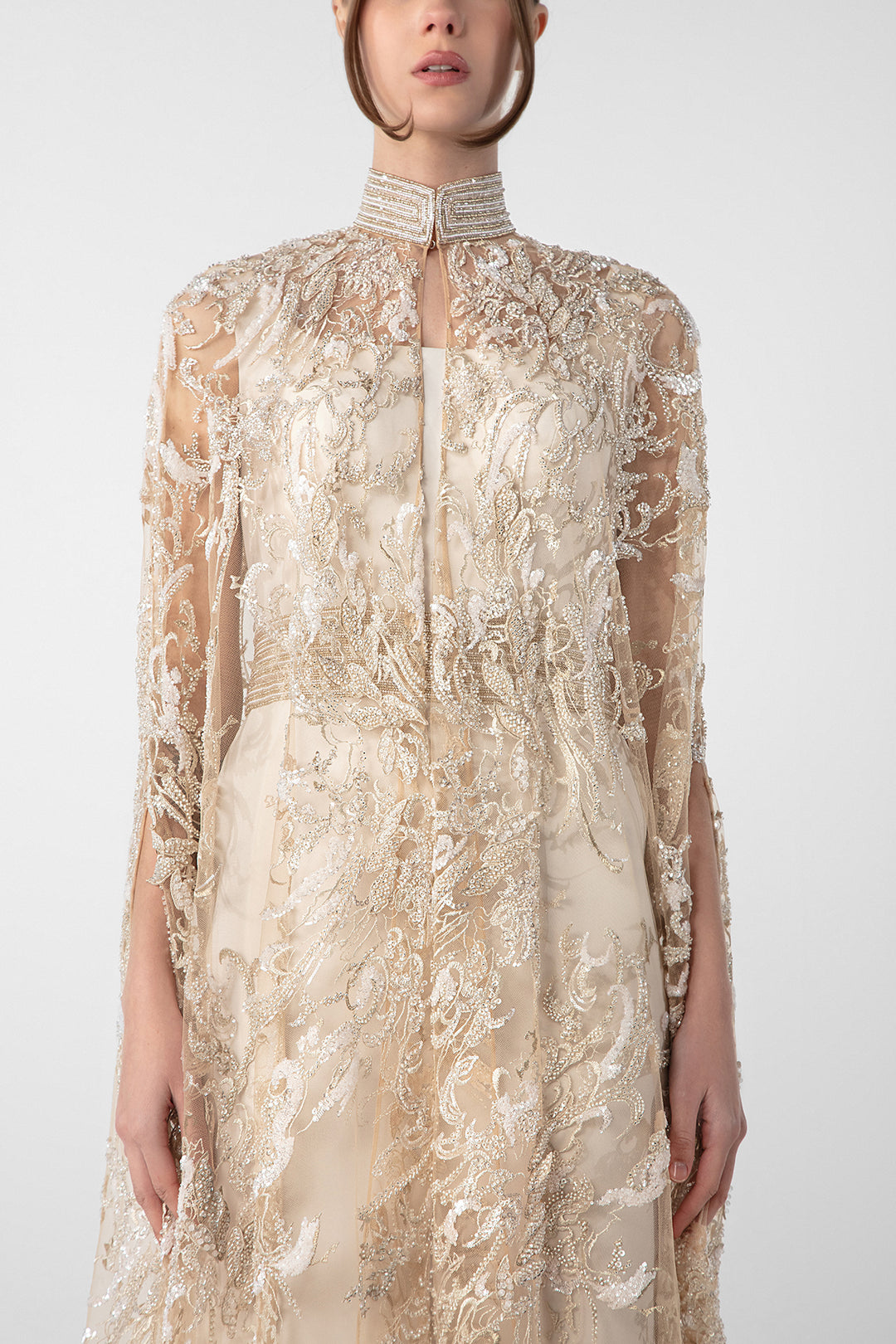 Crepe Dress with Embroidered Cape