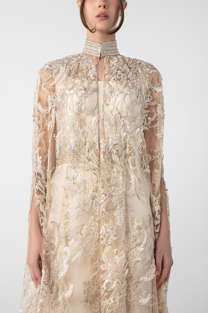 Crepe Dress with Embroidered Cape