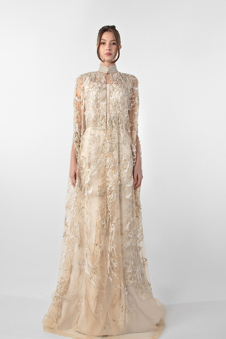 Crepe Dress with Embroidered Cape