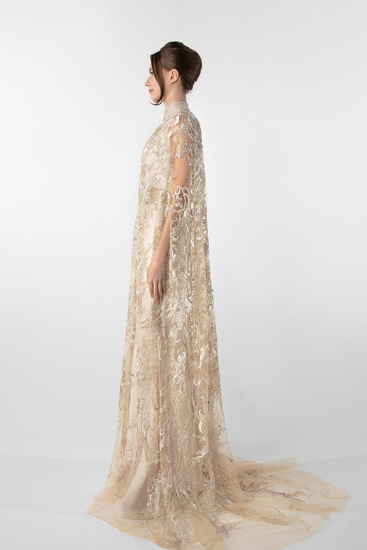 Crepe Dress with Embroidered Cape