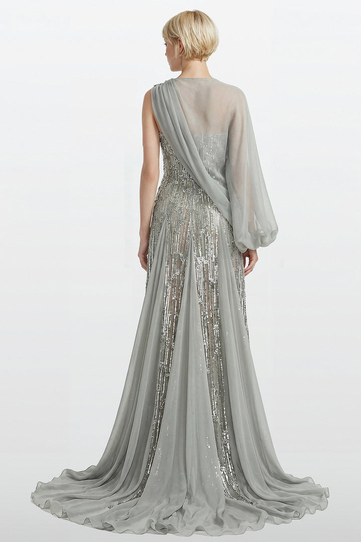 Strapless Embroidered Gown with Draped Chiffon Cape