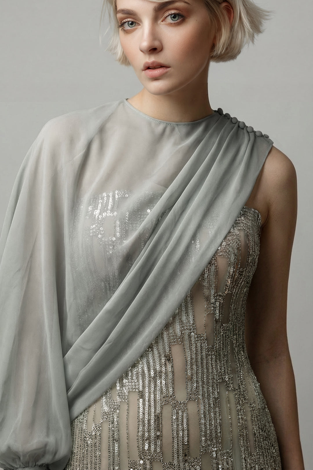 Strapless Embroidered Gown with Draped Chiffon Cape