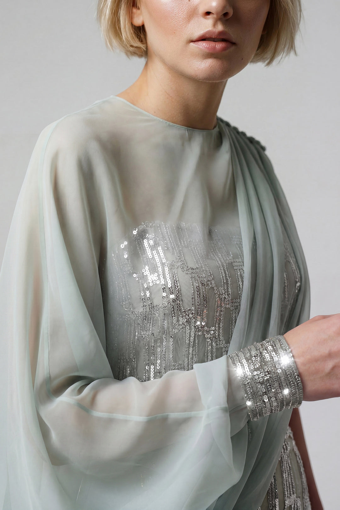 Strapless Embroidered Gown with Draped Chiffon Cape