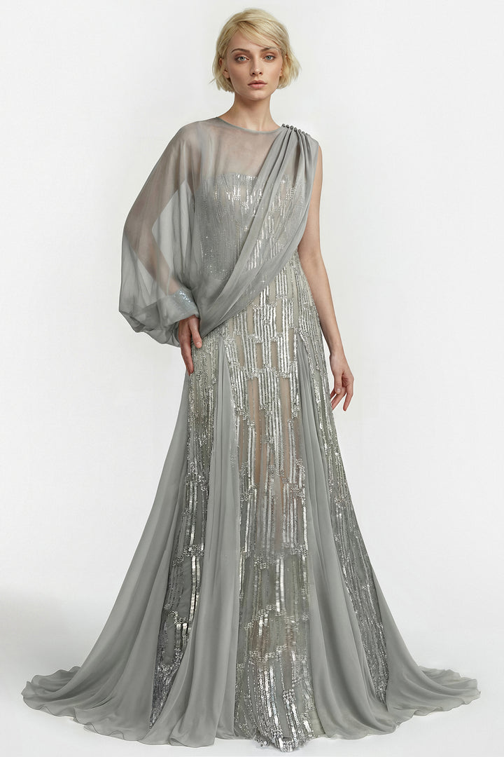 Strapless Embroidered Gown with Draped Chiffon Cape