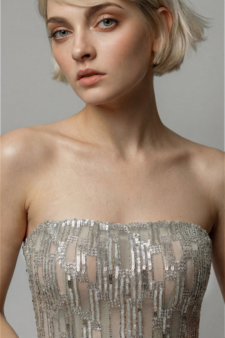 Strapless Embroidered Gown with Draped Chiffon Cape