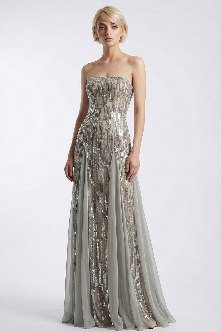 Strapless Embroidered Gown with Draped Chiffon Cape