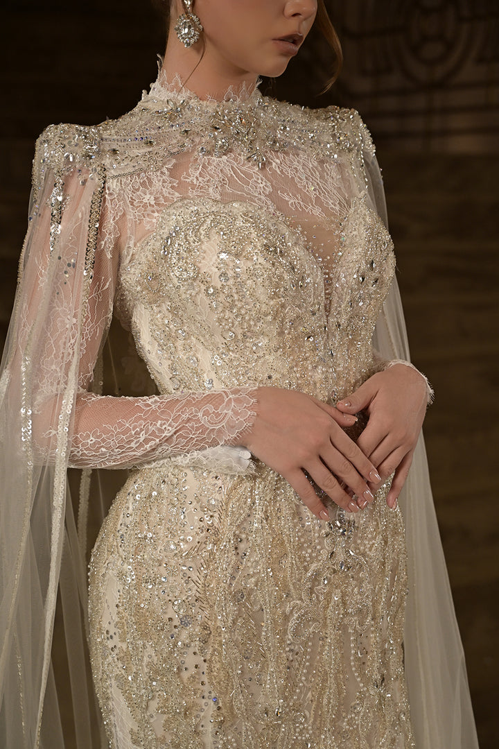 Lace High-Neck Column Dress with Cape