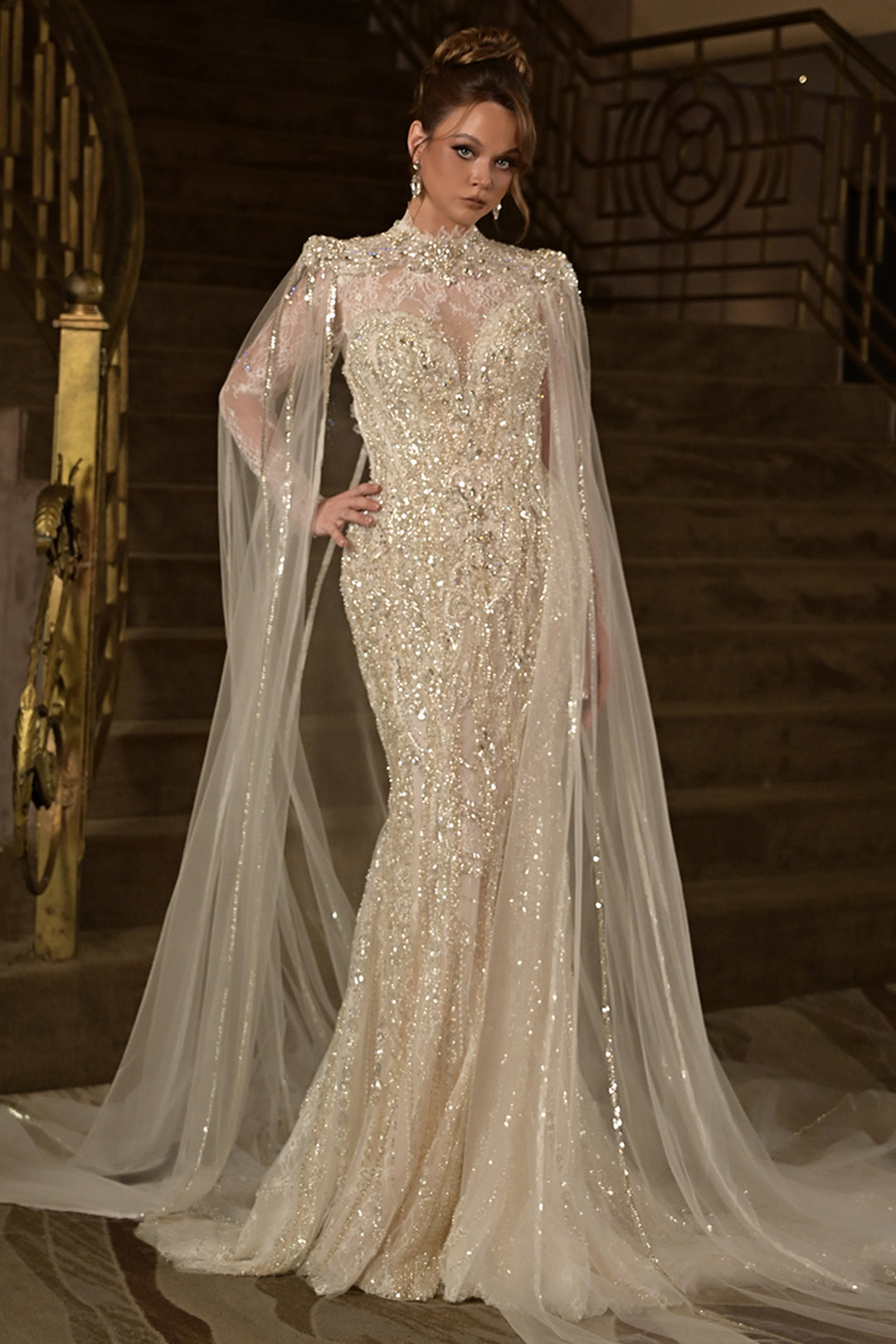 Lace High-Neck Column Dress with Cape