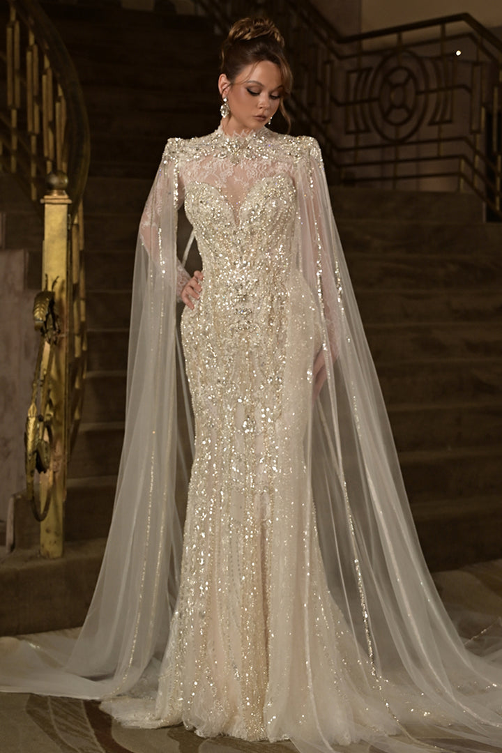 Lace High-Neck Column Dress with Cape