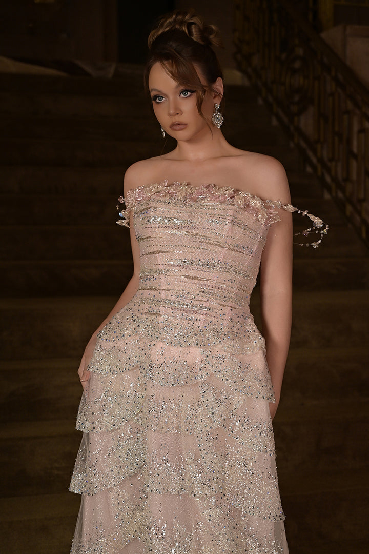 Off-The-Shoulder Tiered with Ruffle Dress