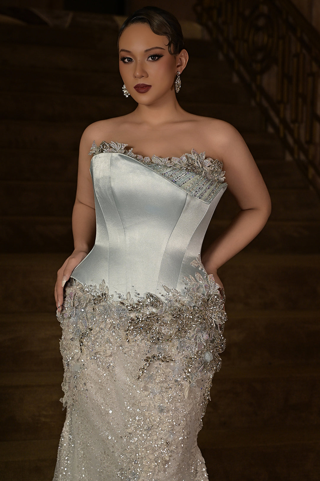 Satin with Sequin Long Dress and Cape