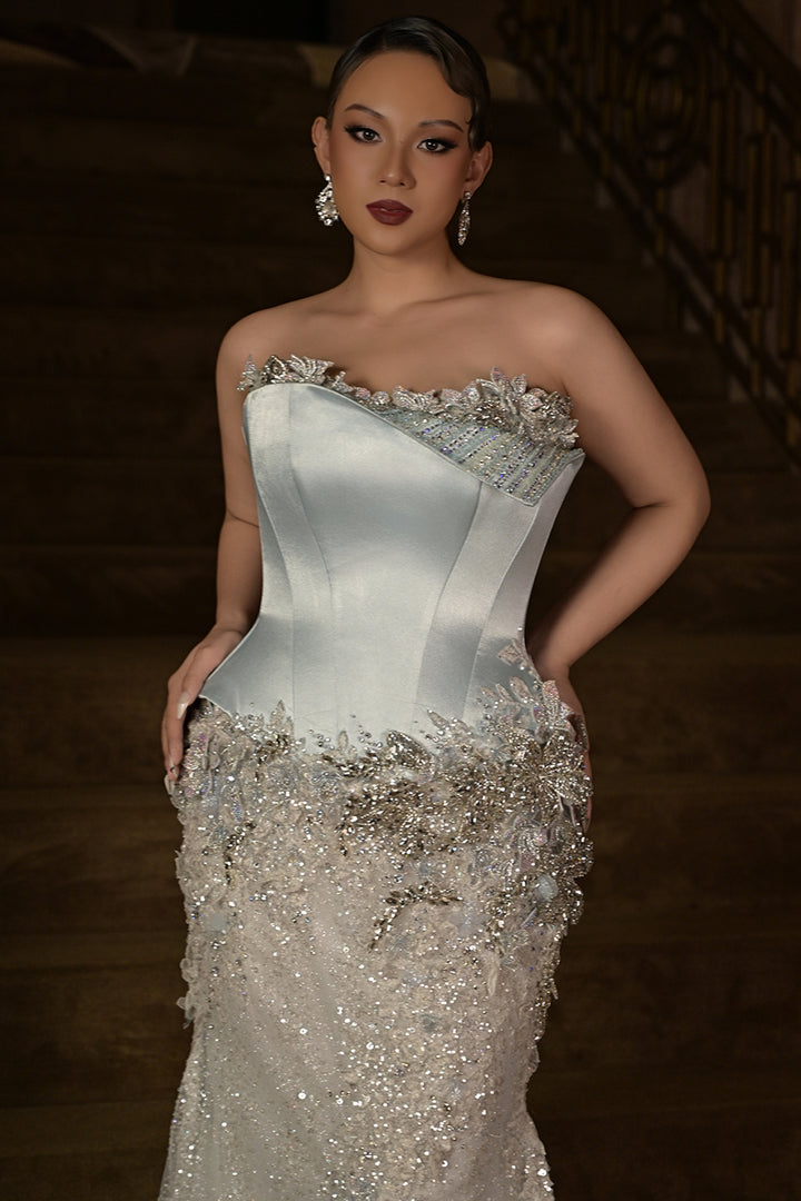 Satin with Sequin Long Dress and Cape